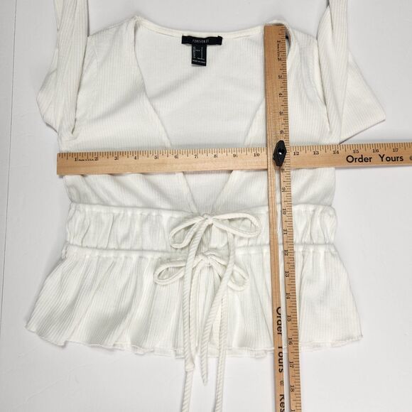 Forever 21 Ruched Tie Crop Top Size S Deep V Neck Cropped Ruffled Hem Boho Y2K - Picture 8 of 8